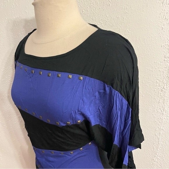 Vanilla Bay Black & Blue Striped Drape Sleeve Long Tunic Blouse with Studs Small - Picture 3 of 7